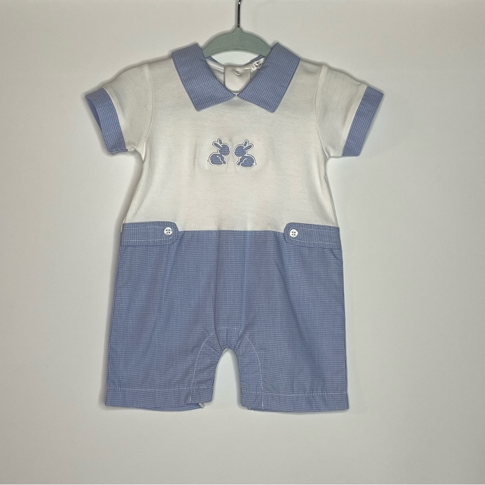 Kissy Kissy Blue & White Checked Bunny Hop Short Playsuit Easter NWO Pima Cotton
